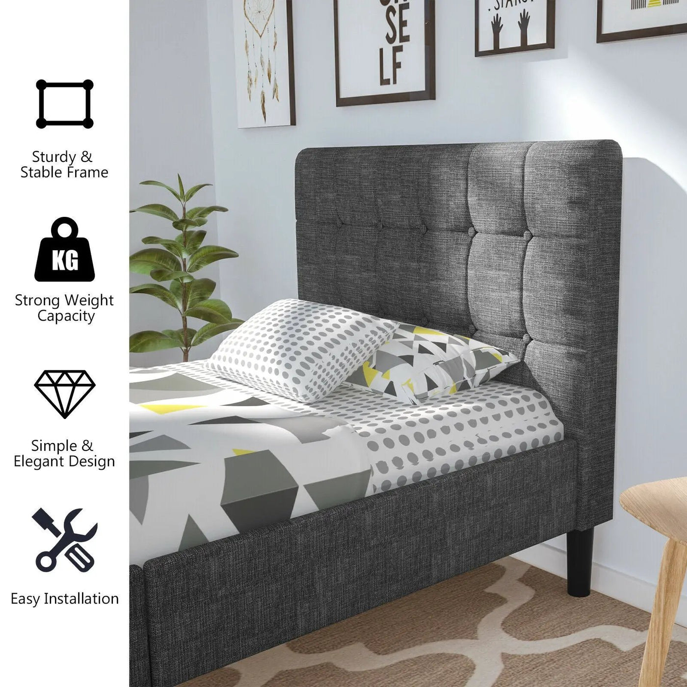 Platform Bed with Button Tufted Headboard by DirectDeals