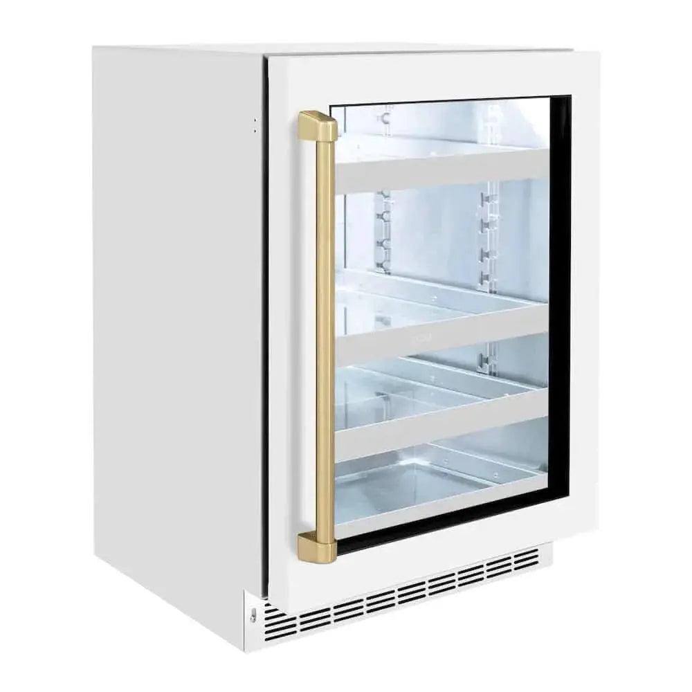 ZLINE 24" Touchstone 151 Can Beverage Fridge White Matte Glass Door Champagne Bronze Handle RBSOZ-WM-24-CB by Farmhouse Kitchen and Bath