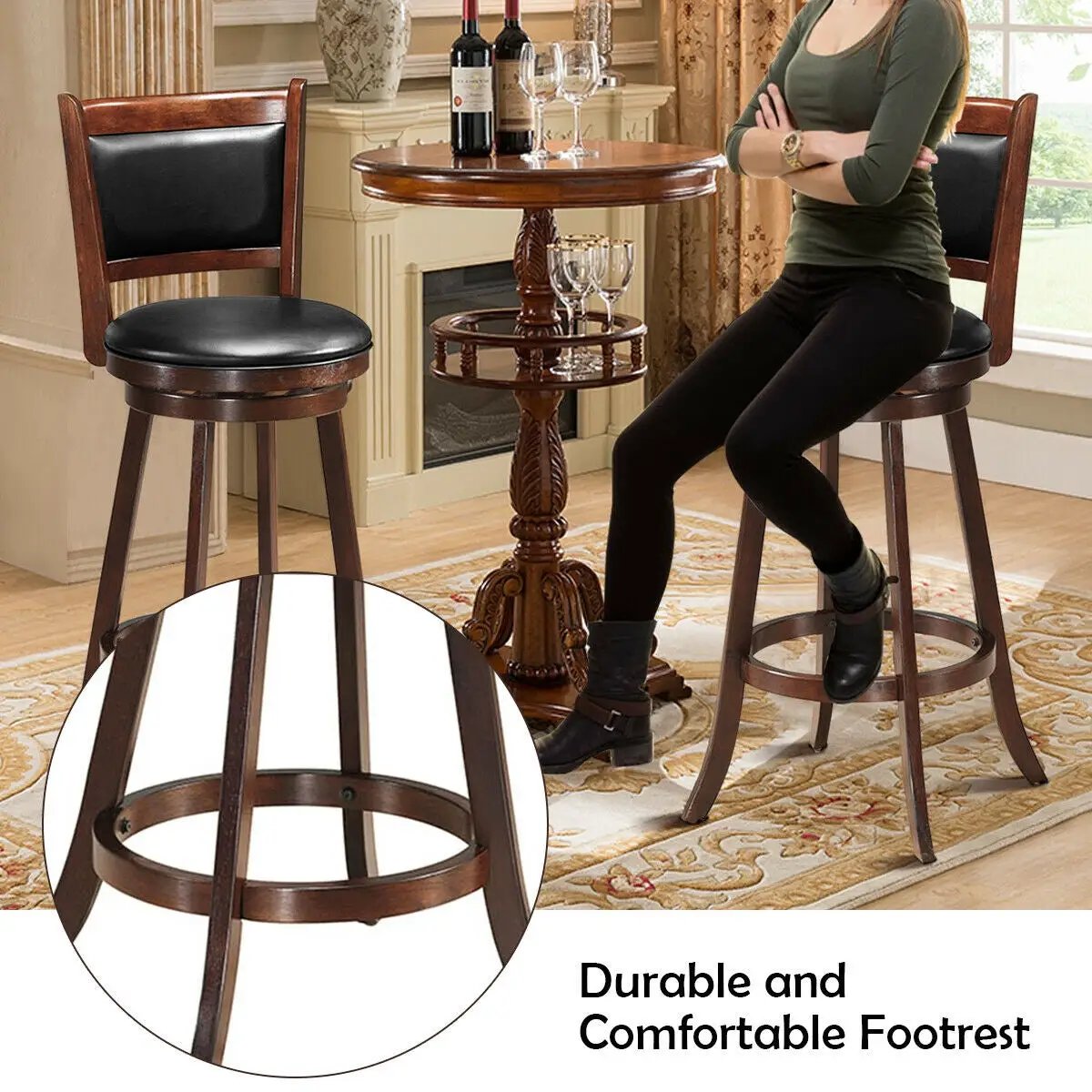 29 Inch Swivel Bar Height Stool Wooden Upholstered Dining Chair by DirectDeals