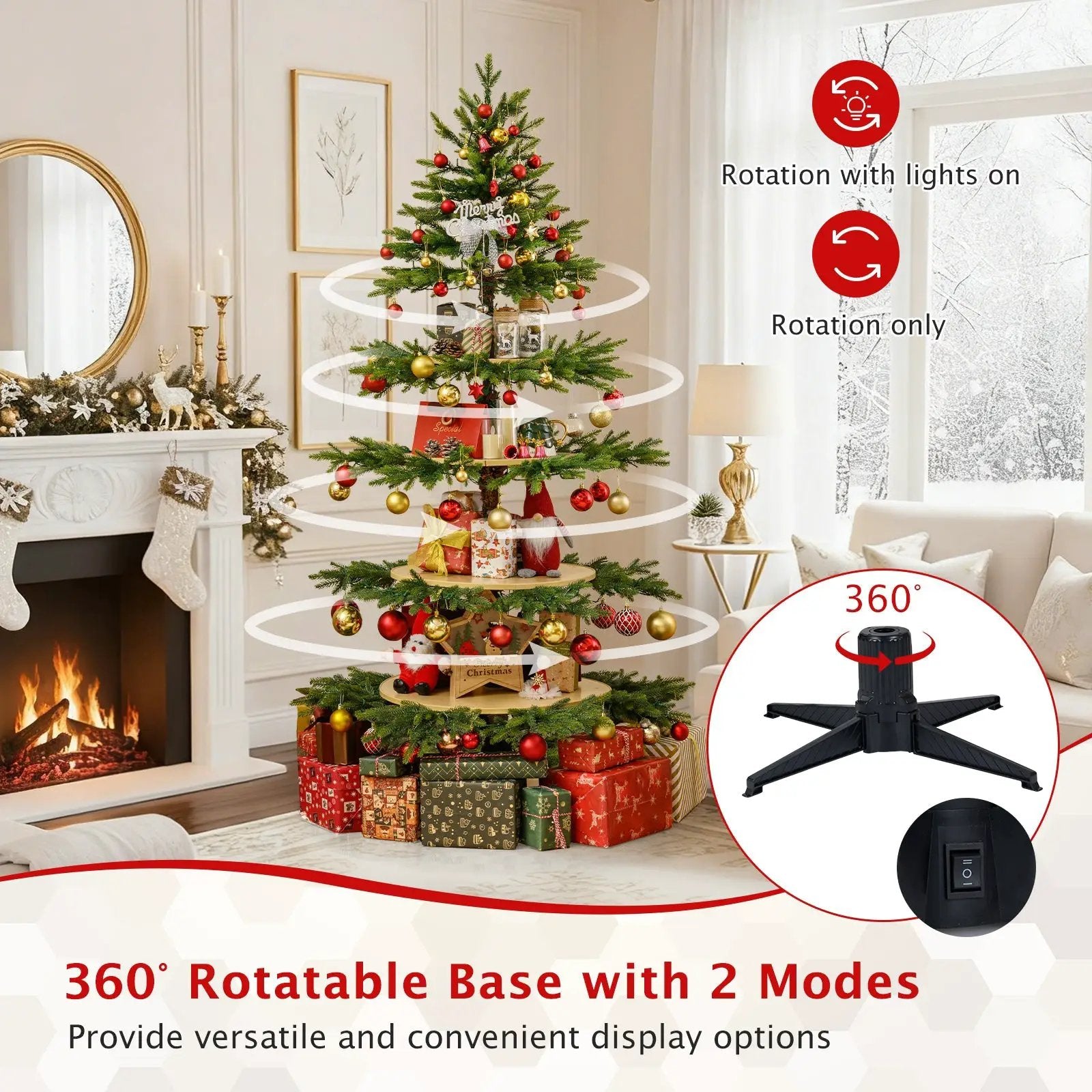6.4 FT Rotating Christmas Tree 4-Tier Artificial Xmas Tree with 280 Branch Tips and 220 LED Lights by DirectDeals