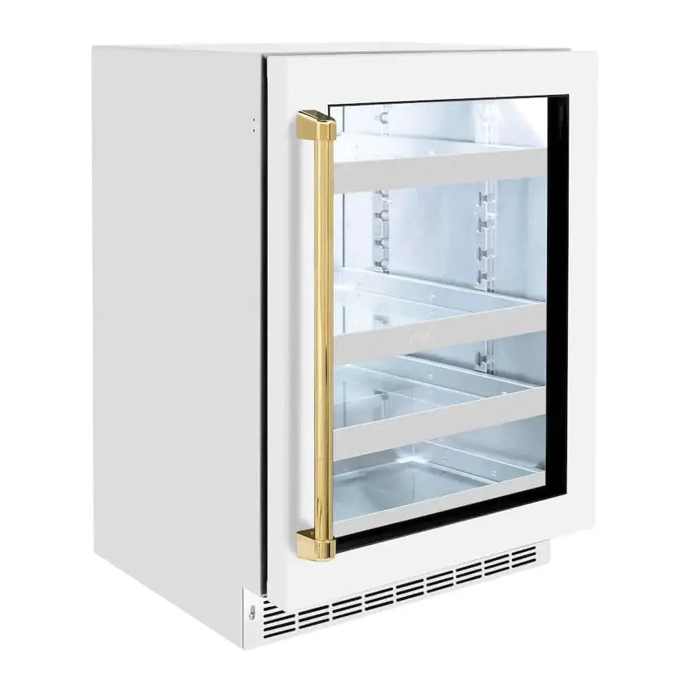 ZLINE 24" Touchstone 151 Can Beverage Fridge White Matte Glass Door Polished Gold Handle RBSOZ-WM-24-G by Farmhouse Kitchen and Bath