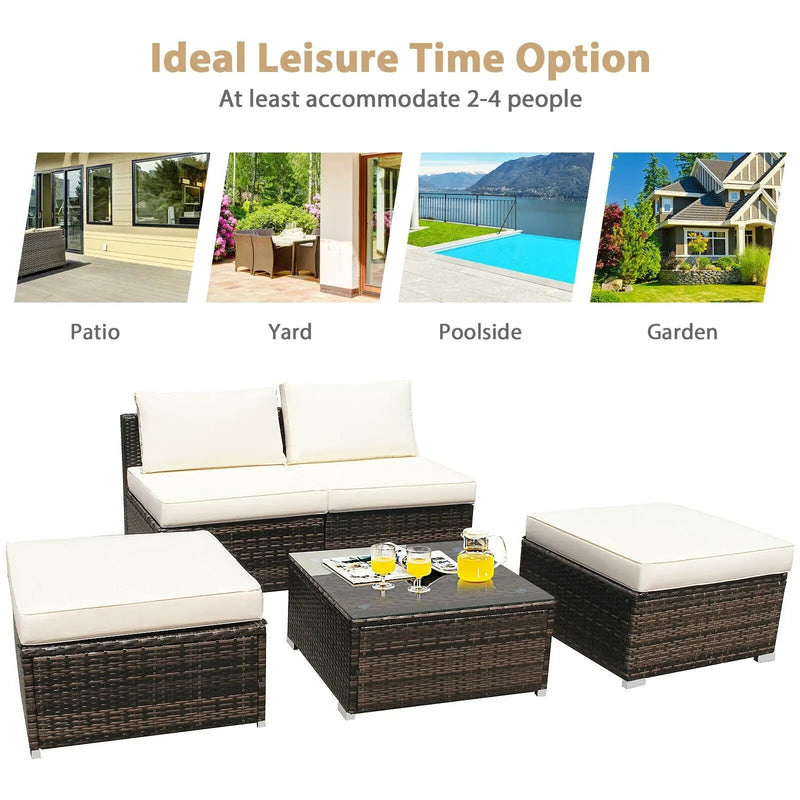 5 Pieces Patio Rattan Furniture Set with Cushioned Armless Sofa by DirectDeals