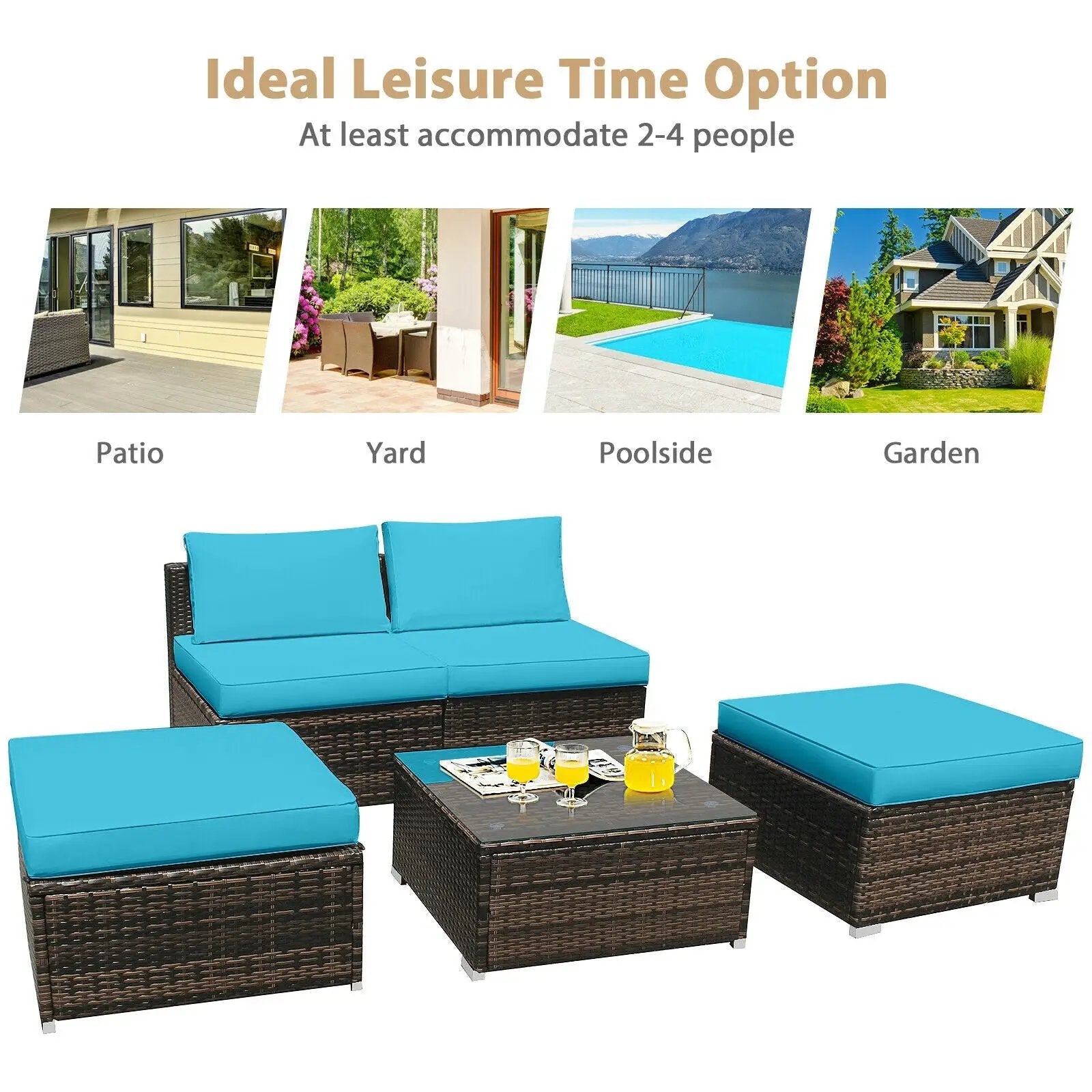 5 Pieces Patio Rattan Furniture Set with Cushioned Armless Sofa by DirectDeals