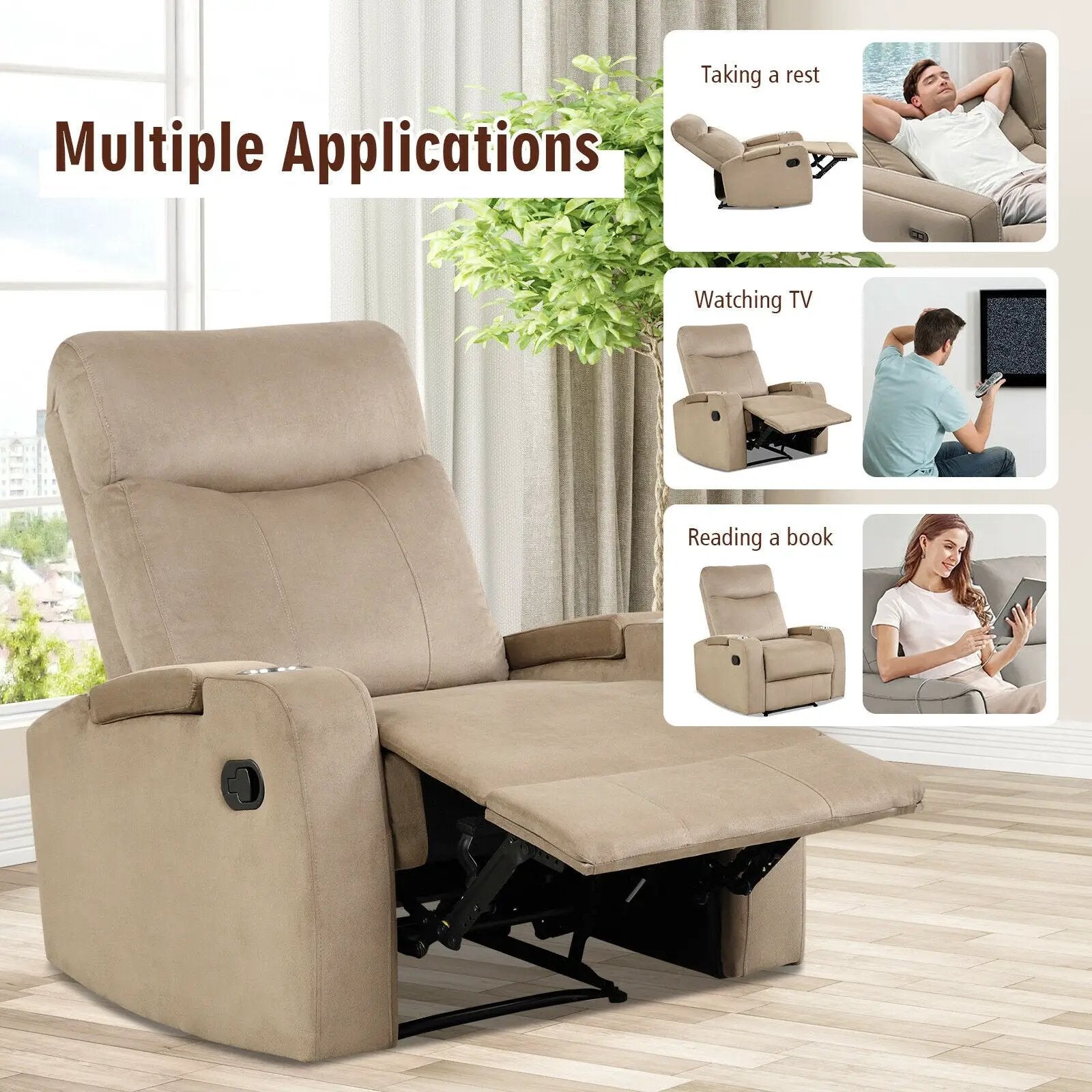 Recliner Chair Single Sofa Lounger with Arm Storage and Cup Holder for Living Room by DirectDeals