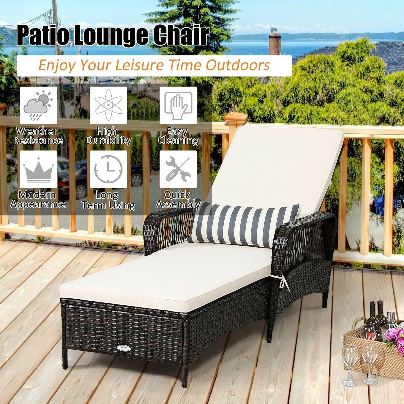 Outdoor Patio Wicker Chaise Lounge Chair with Adjustable Backrest and Pillow by DirectDeals