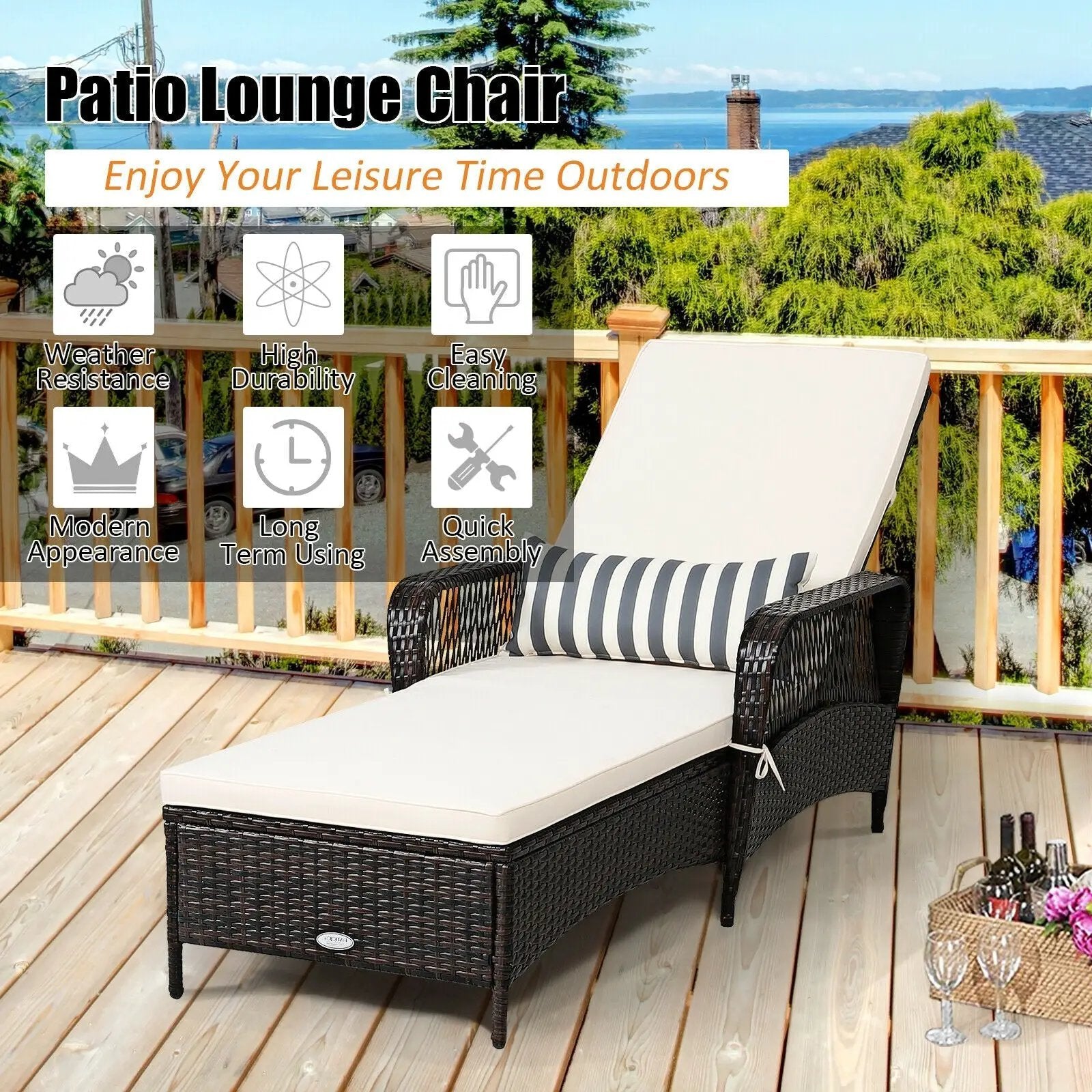 Outdoor Patio Wicker Chaise Lounge Chair with Adjustable Backrest and Pillow by DirectDeals