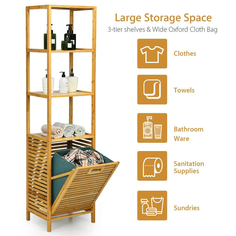 Bamboo Tower Hamper Organizer with 3-Tier Storage Shelves-Natural by DirectDeals