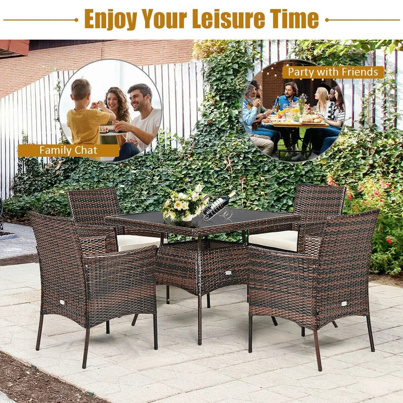 5 Pieces Patio Rattan Dining Furniture Set with Arm Chair and Wooden Table Top by DirectDeals