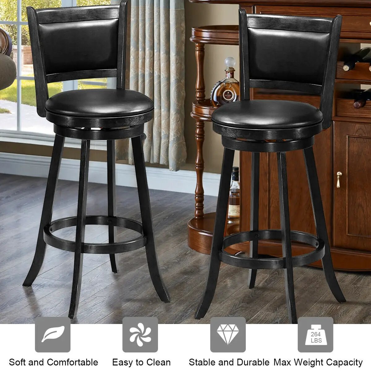 Set of 2 29 Inch Swivel Bar Height Stool Wood Dining Chair Barstool by DirectDeals