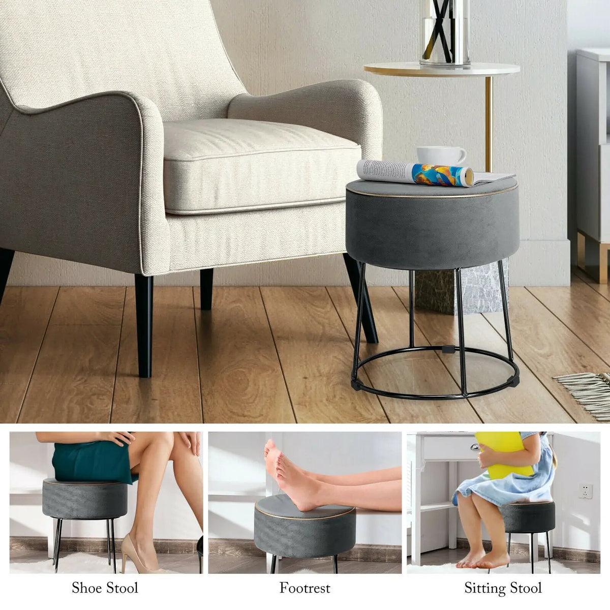 Round Velvet Footrest Stool Ottoman with Non-Slip Foot Pads for Bedside by DirectDeals
