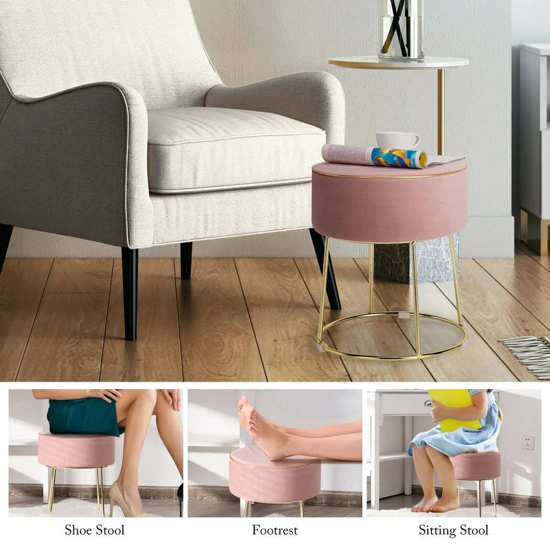 Round Velvet Footrest Stool Ottoman with Non-Slip Foot Pads for Bedside by DirectDeals