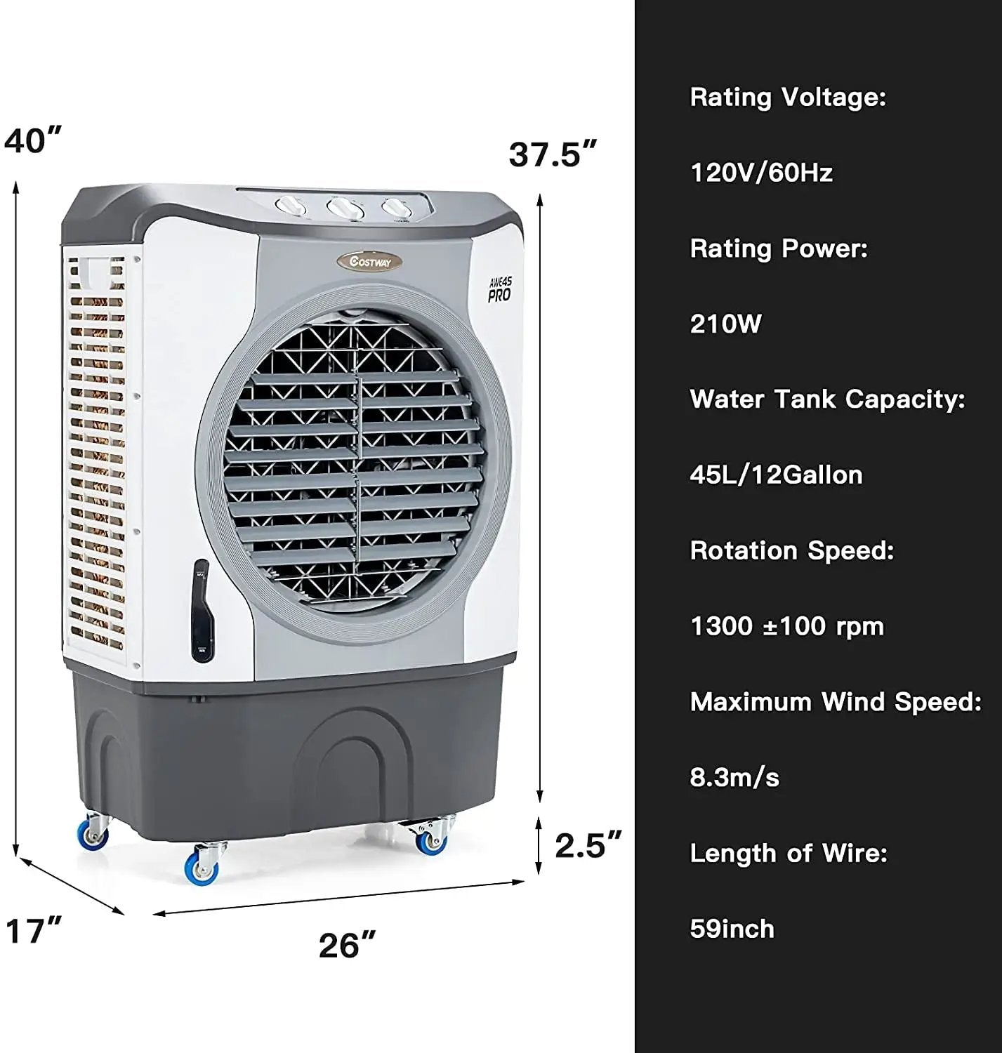 4-in-1 Industrial Evaporative Air Cooler Fan with 12 Gallon Tank and Wheels-Gray by DirectDeals