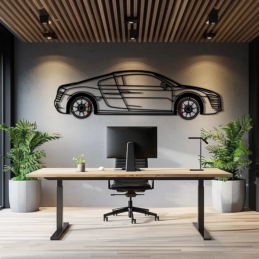 Audi R8 Metal Car Wall Art with Rotating Wheels - Exotic Supercar Silhouette Decor - Interactive Automotive Wall Art KAFMEKA096 by Enova Art