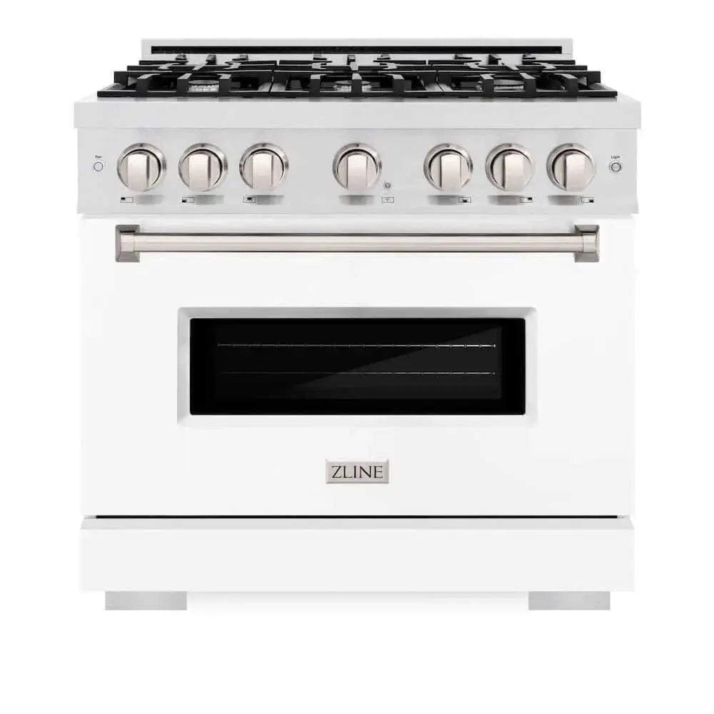 ZLINE 36"Classic Gas Range, Convection Gas Oven, DuraSnow® Stainless Steel, White Matte Door CGRS-WM-36 by Farmhouse Kitchen and Bath