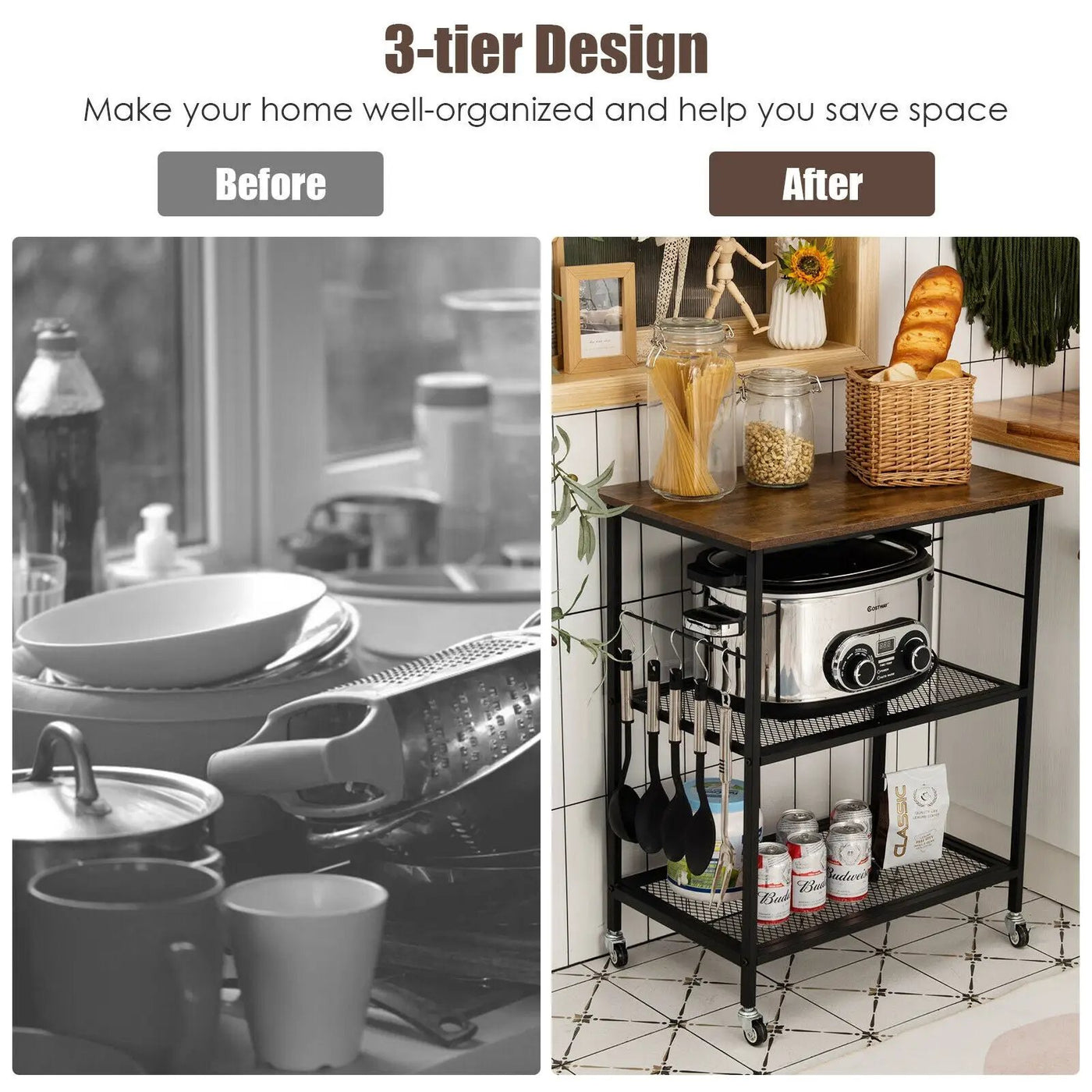 3-Tier Kitchen Serving Cart Utility Standing Microwave Rack with Hooks by DirectDeals