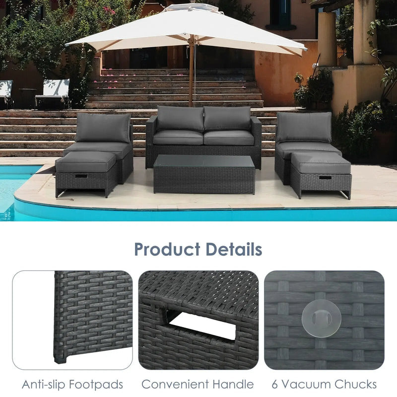 6 Pieces Patio Rattan Furniture Set with Glass Table and Cushioned Seat-Gray by DirectDeals