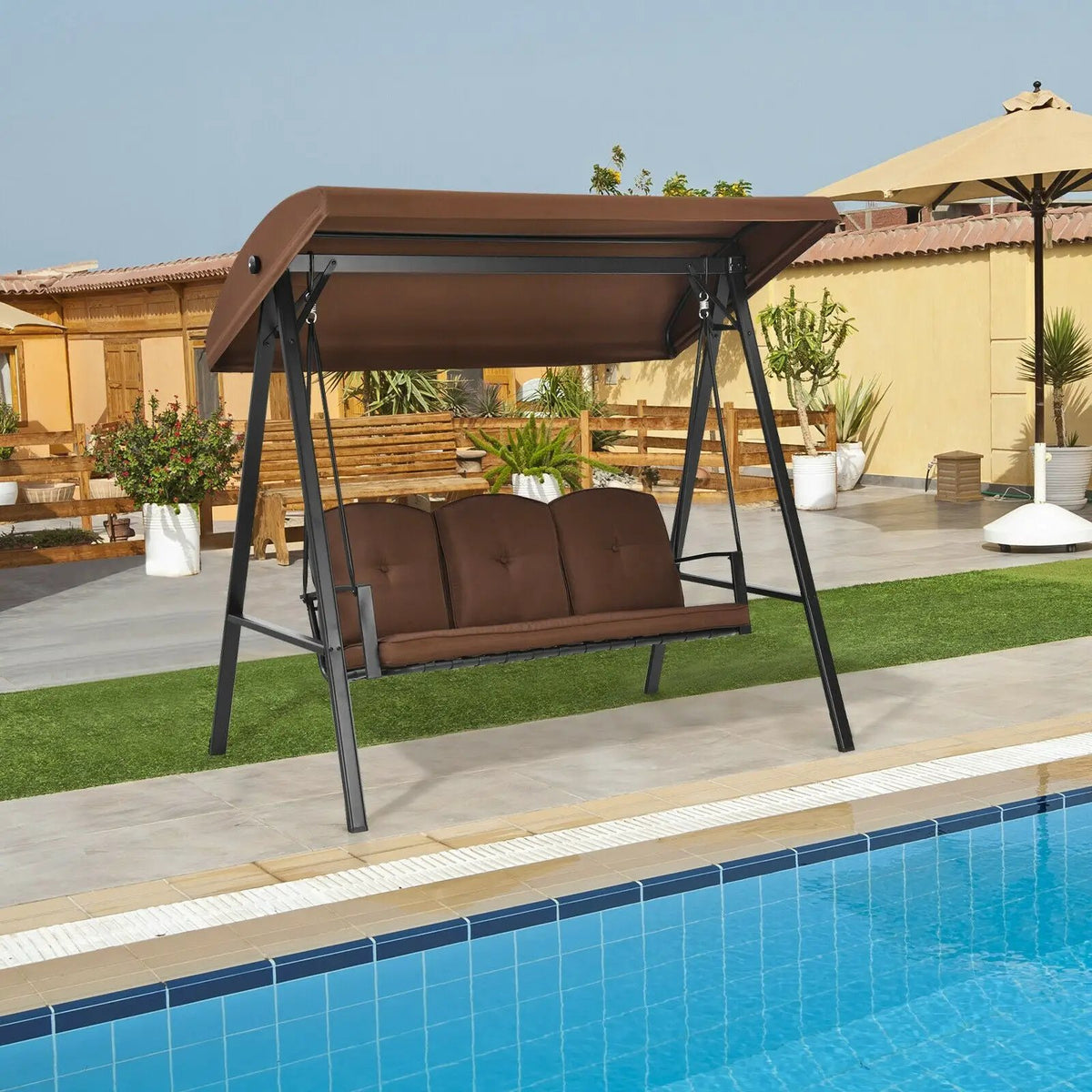 Outdoor 3-Seat Porch Swing with Adjust Canopy and Cushions by DirectDeals