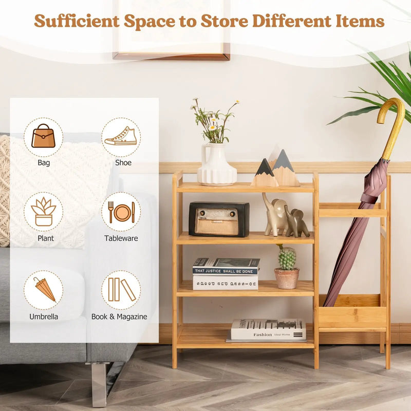 4-Tier Bamboo Shoe Rack Organiser with Umbrella Holder-Natural by DirectDeals