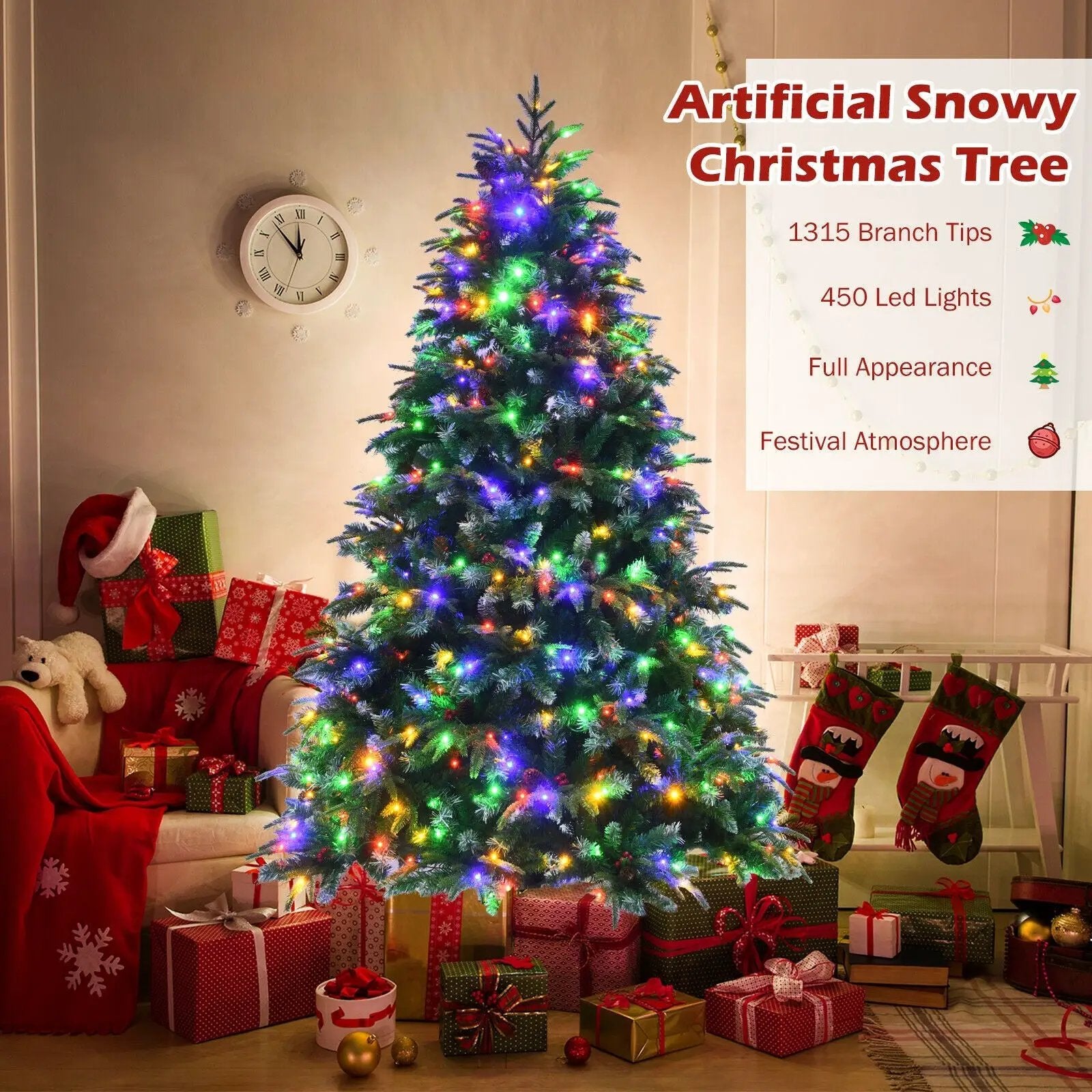 Pre-Lit Snowy Christmas Hinged Tree with Multi-Color Lights by DirectDeals