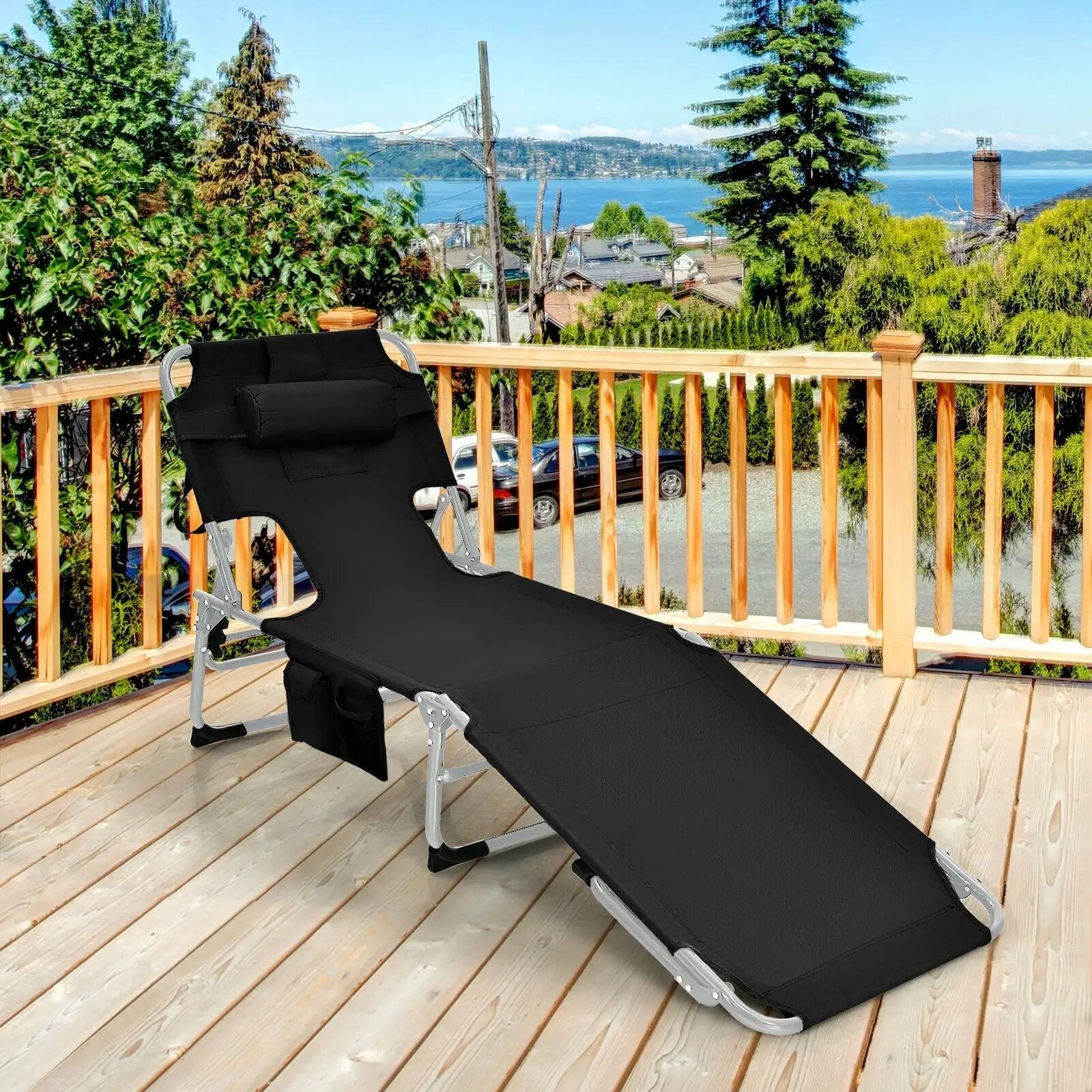 Folding Beach Lounge Chair with Pillow for Outdoor-Black by DirectDeals