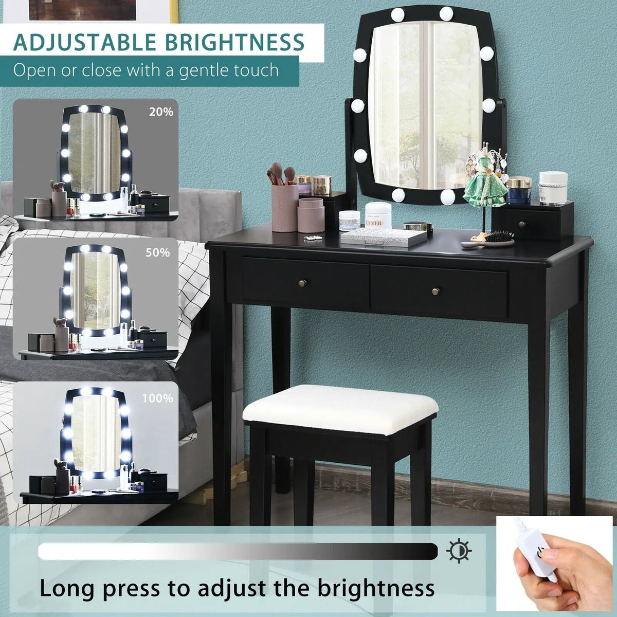 Vanity Table Set with Lighted Mirror for Bedroom and Dressing Room by DirectDeals