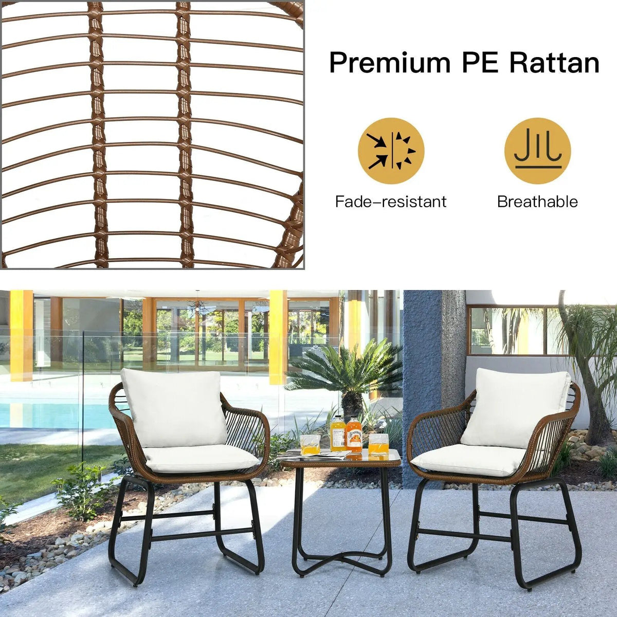 3 Pieces Patio Rattan Bistro Set Cushioned Chair Glass Table Deck by DirectDeals