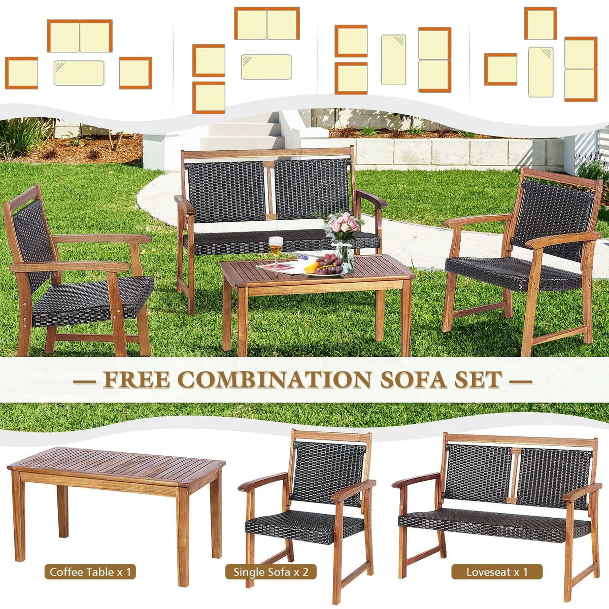 4 Pieces Outdoor Patio Rattan Furniture Sofa Set with Acacia Wood Frame by DirectDeals