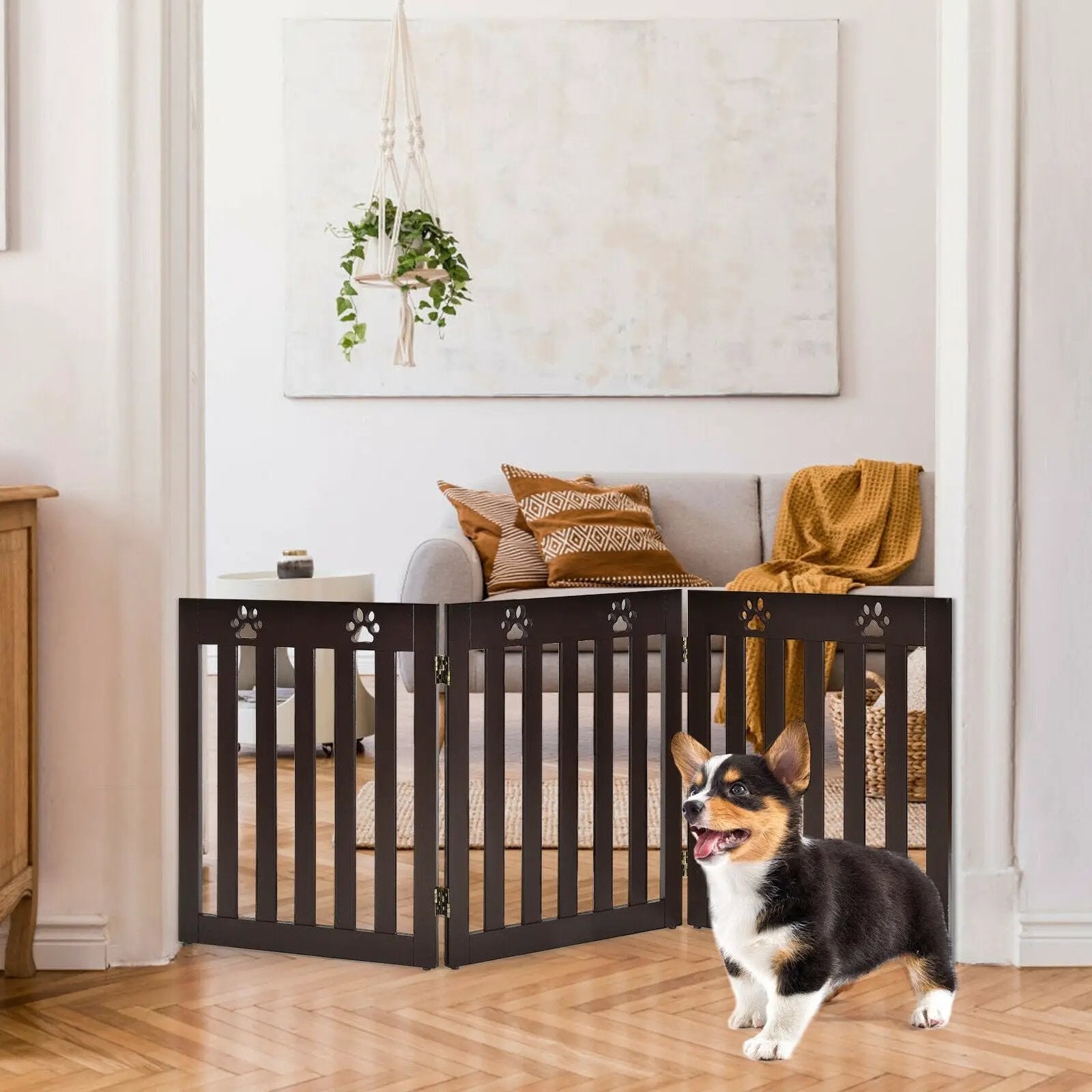 24 Inch Folding Wooden Freestanding Dog Gate with 360¬∞ Flexible Hinge for Pet by DirectDeals