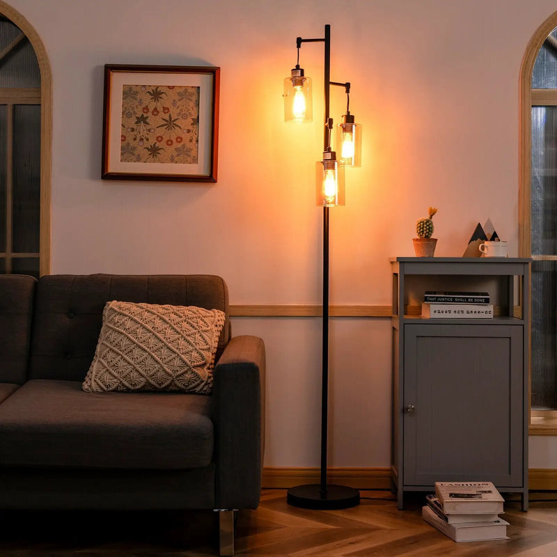 Retro Floor Lamp with 3-Head Hanging Amber Glass Shade by DirectDeals