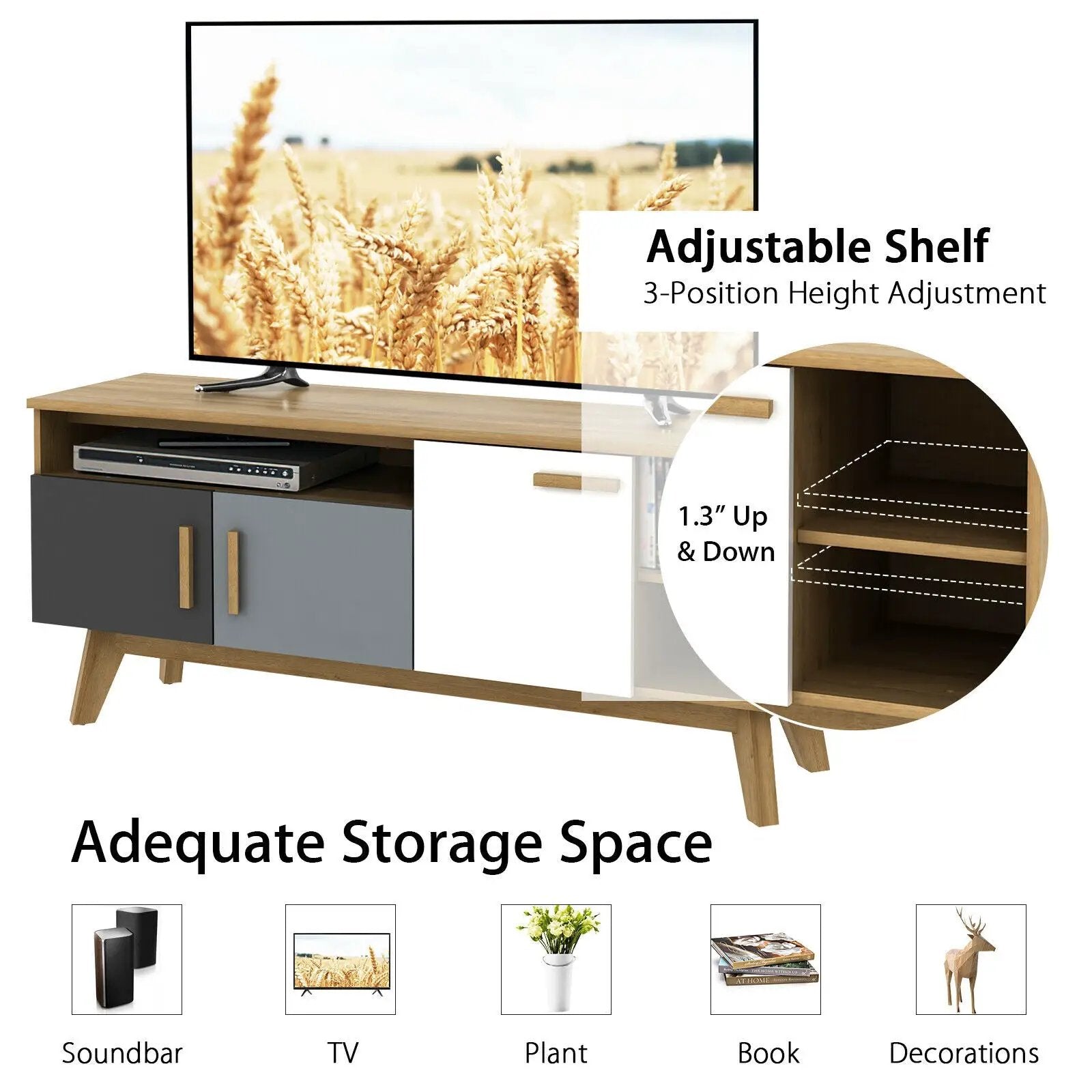 65 Inch TV Stand with 3 Storage Cabinets and 3 Open Shelves for Living Room by DirectDeals