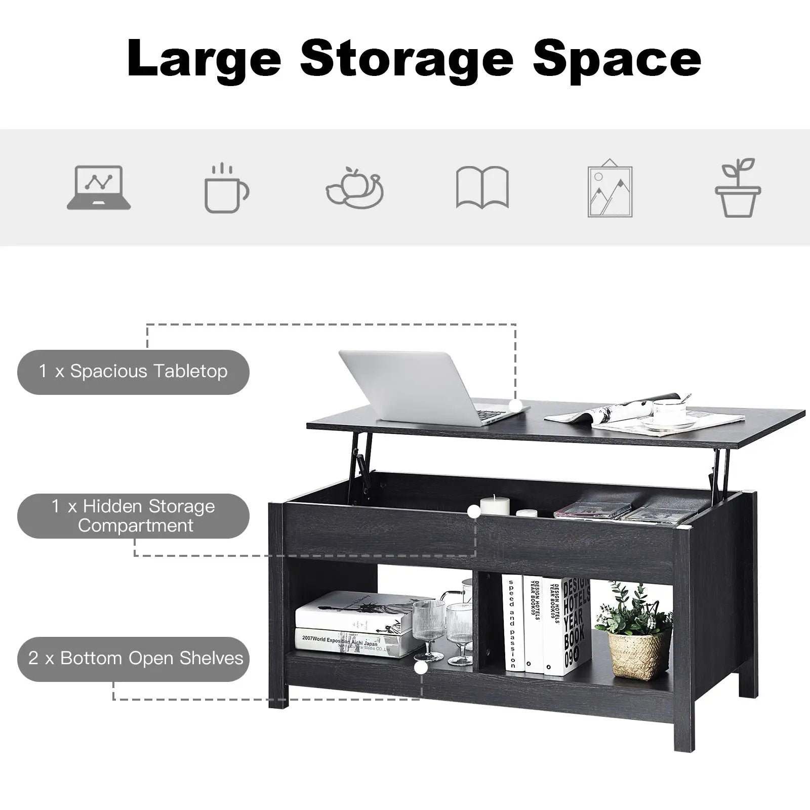 Lift Top Coffee Table with Hidden Storage Compartment and Lower Shelf for Study Room by DirectDeals