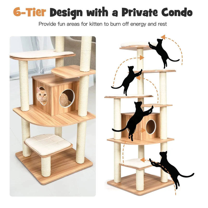 7-Layer Wooden Cat Tree Tall Cat Tower with Sisal Posts and Condo by DirectDeals