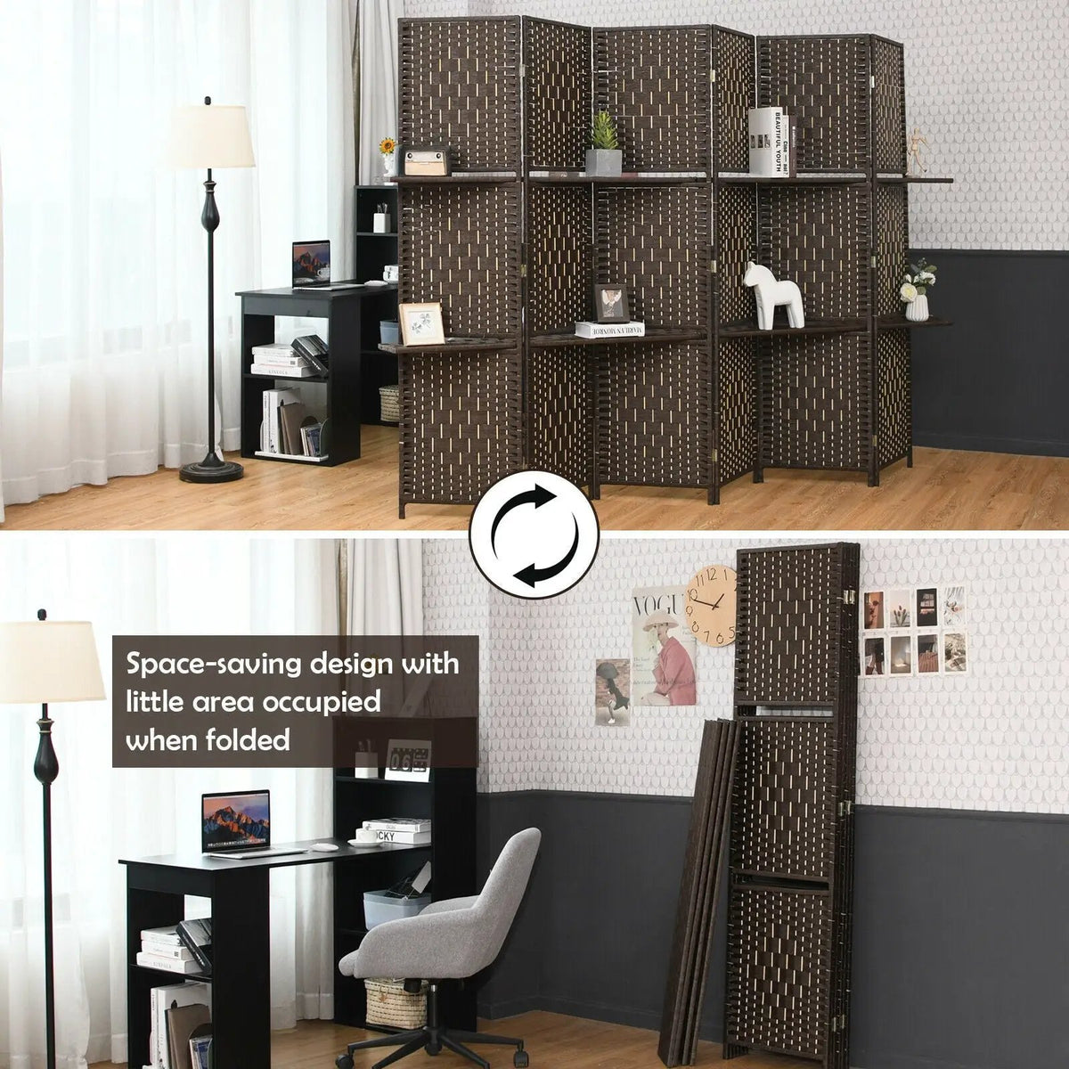 6 Panel Folding Weave Fiber Room Divider with 2 Display Shelves by DirectDeals