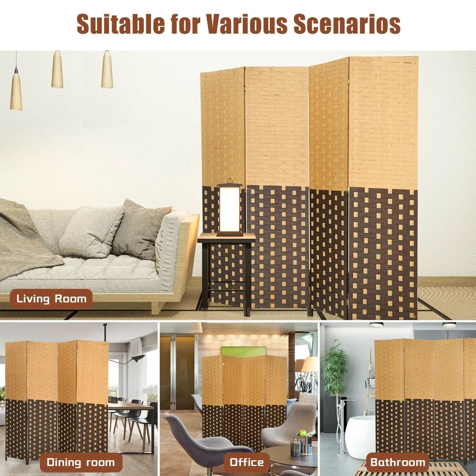 4 Panel Portable Folding Hand-Woven Wall Divider Suitable for Home Office-Brown by DirectDeals
