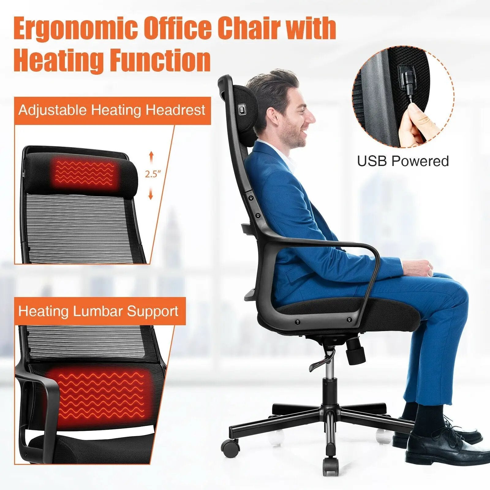 Adjustable Mesh Office Chair with Heating Support Headrest by DirectDeals