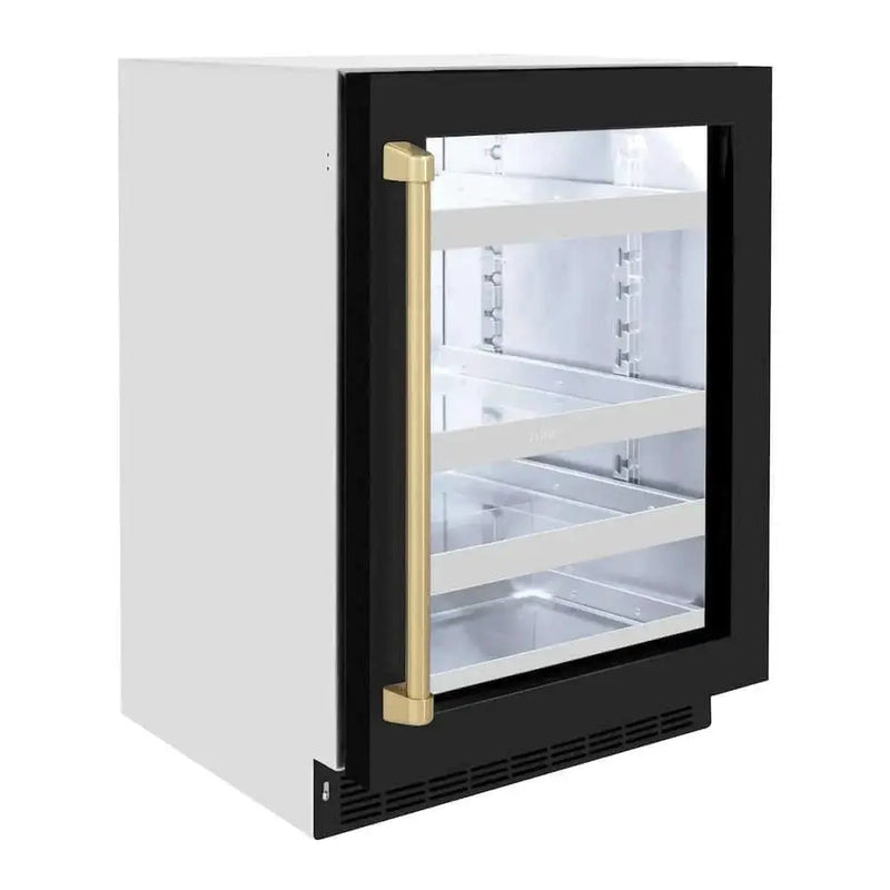 ZLINE 24" Touchstone 151 Can Beverage Fridge Black Matte Glass Door Champagne Bronze Handle RBSOZ-BLM-24-CB by Farmhouse Kitchen and Bath