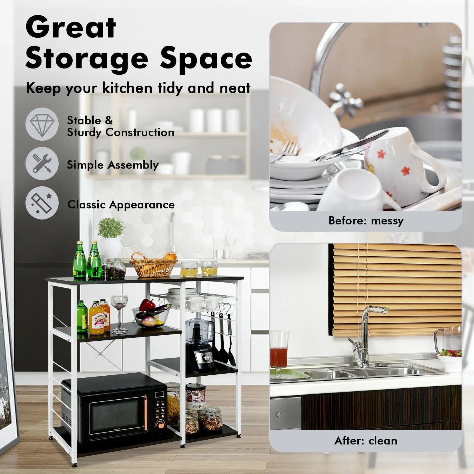 Industrial Kitchen Baker's Rack Microwave Shelf with 6 Hooks by DirectDeals