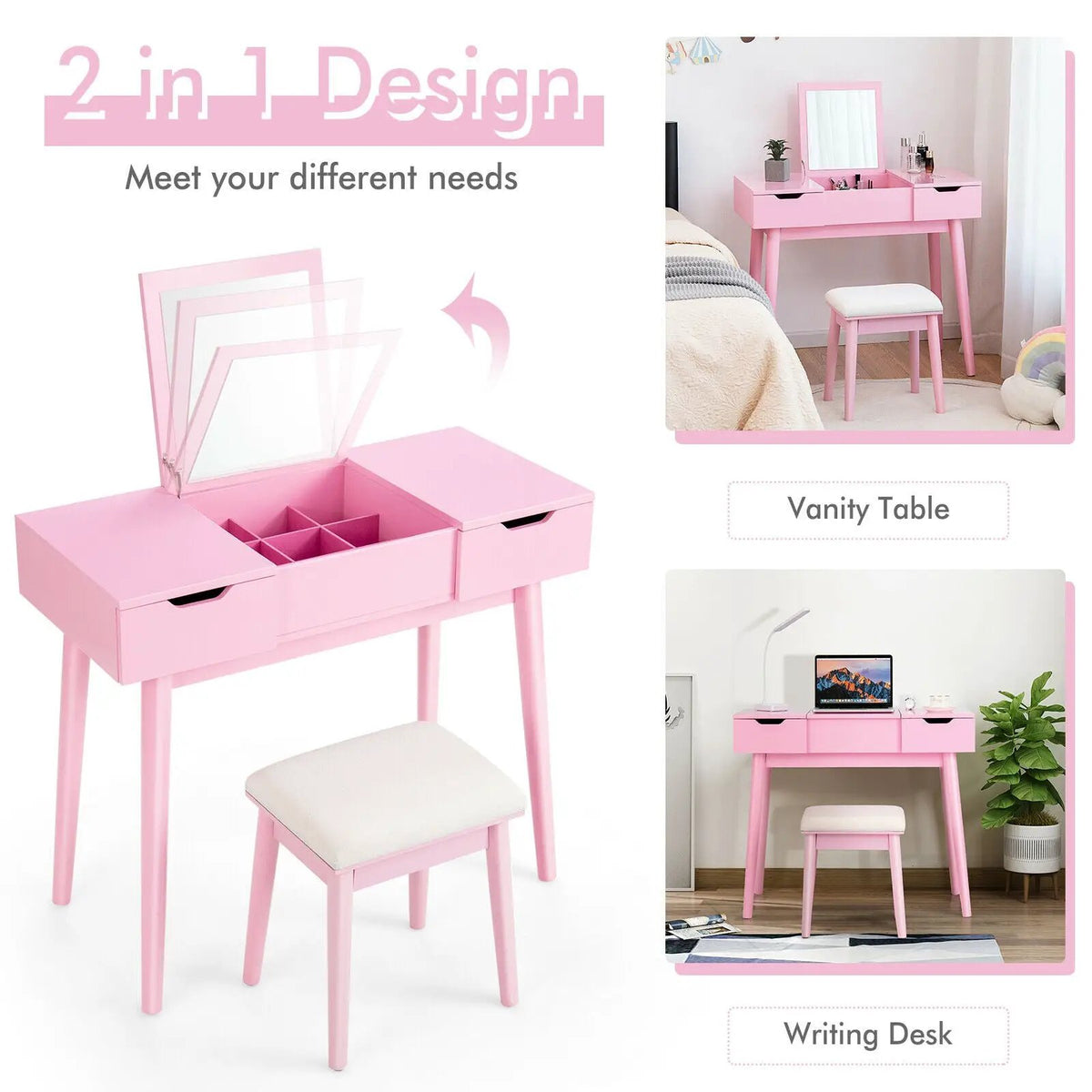 Makeup Vanity Table Set with Flip Top Mirror and 2 Drawers by DirectDeals