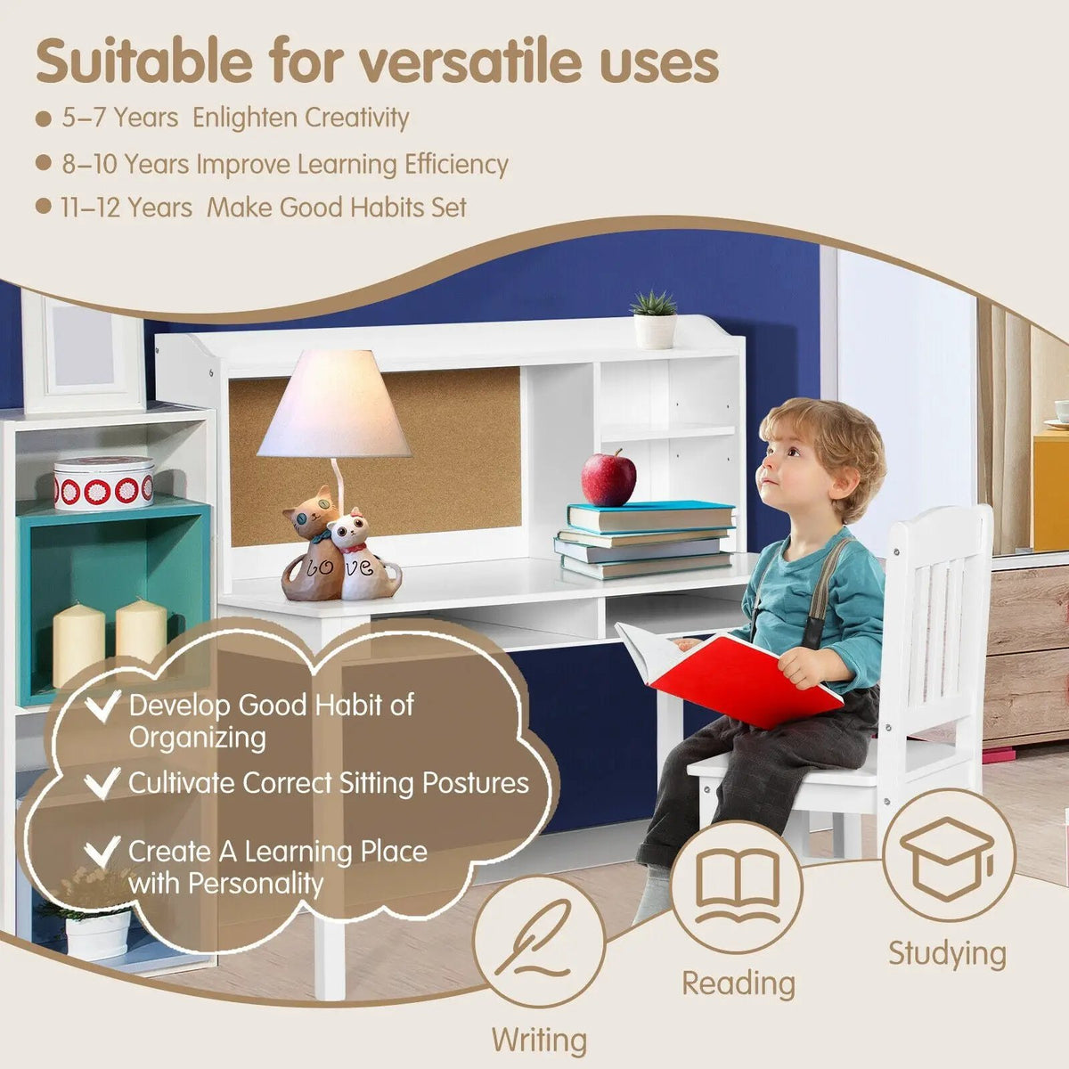 Kids Desk and Chair Set Study Writing Desk with Hutch and Bookshelves by DirectDeals