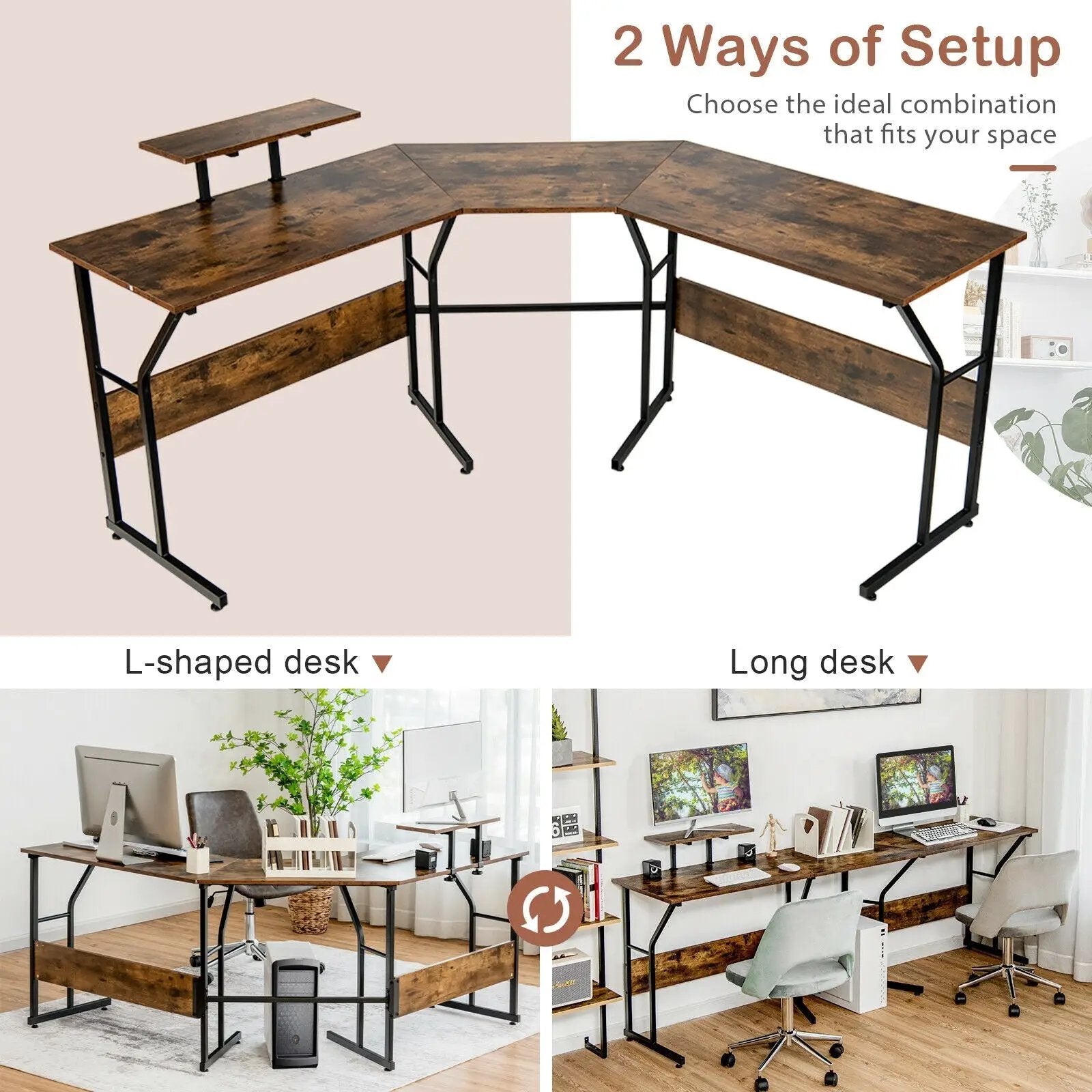 88.5 Inch L Shaped Reversible Computer Desk Table with Monitor Stand by DirectDeals