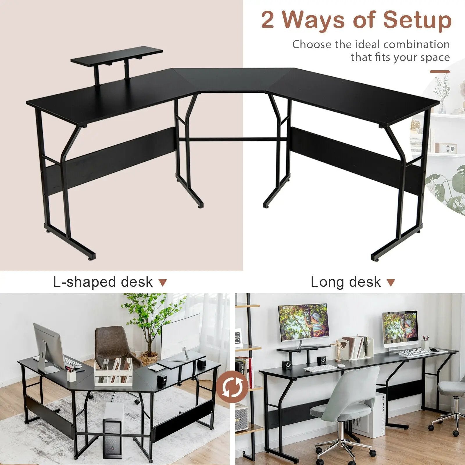 88.5 Inch L Shaped Reversible Computer Desk Table with Monitor Stand by DirectDeals