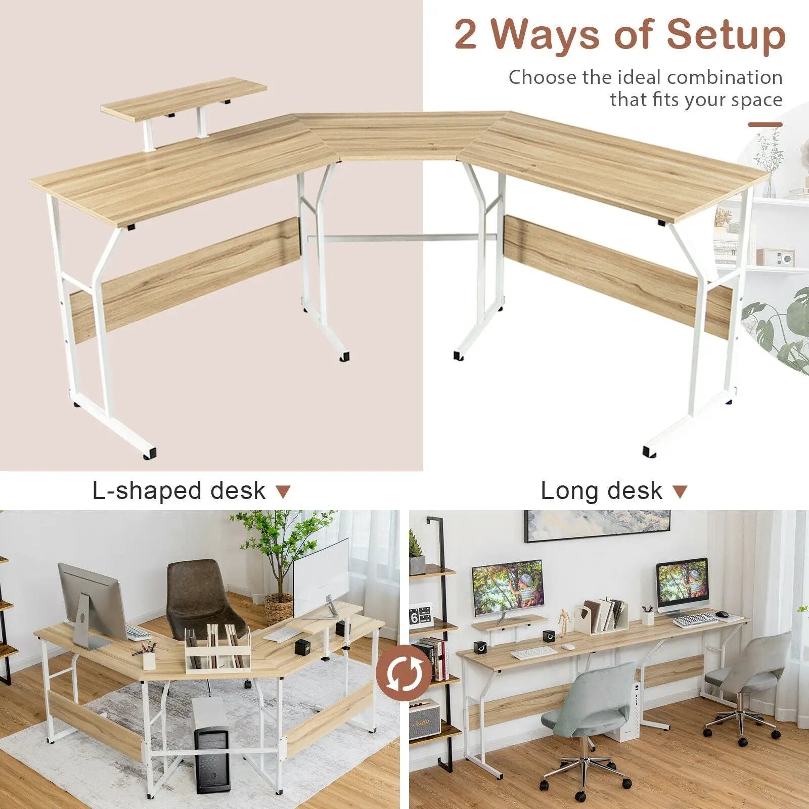 88.5 Inch L Shaped Reversible Computer Desk Table with Monitor Stand by DirectDeals