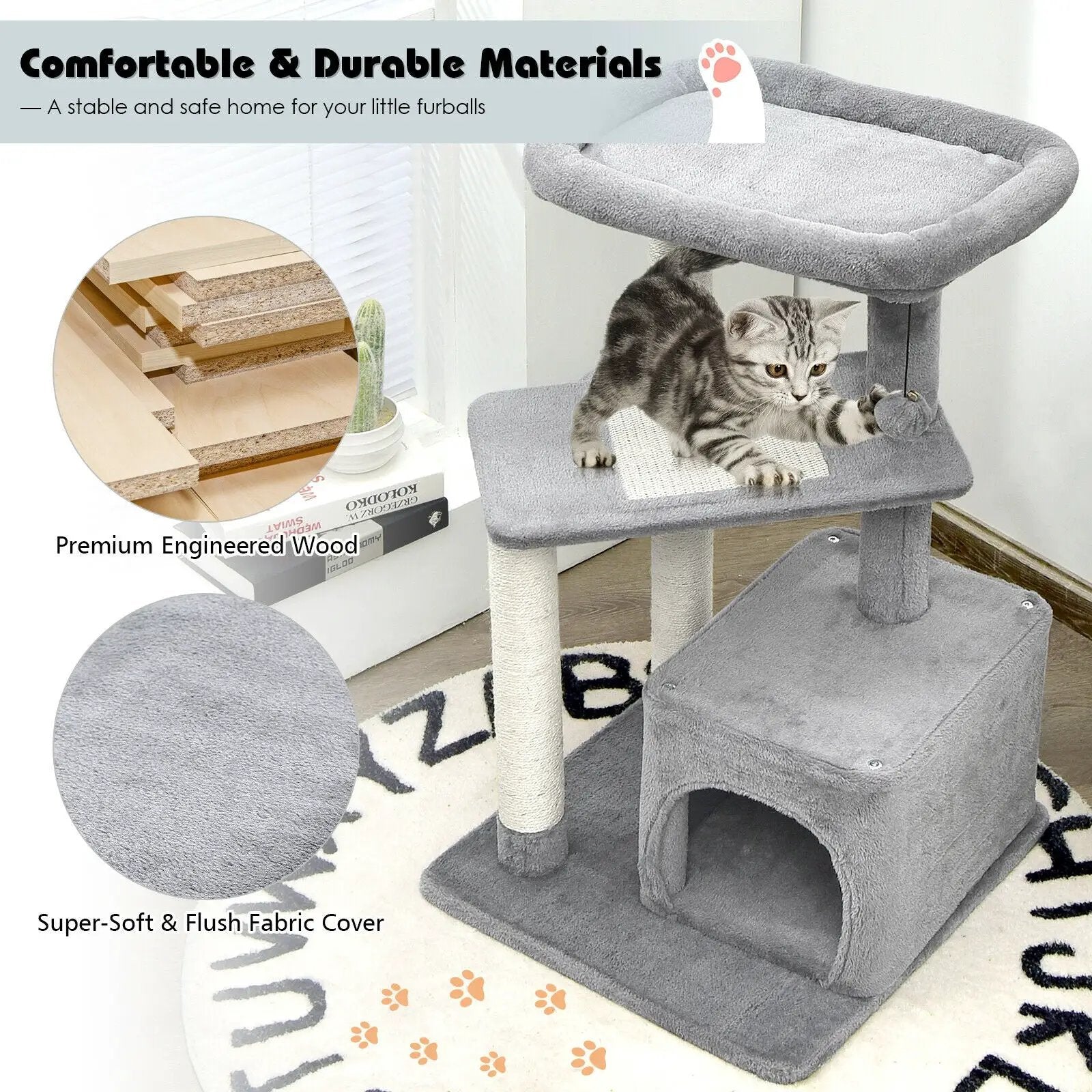 Cat Tree with Perch and Hanging Ball for Indoor Activity Play and Rest by DirectDeals