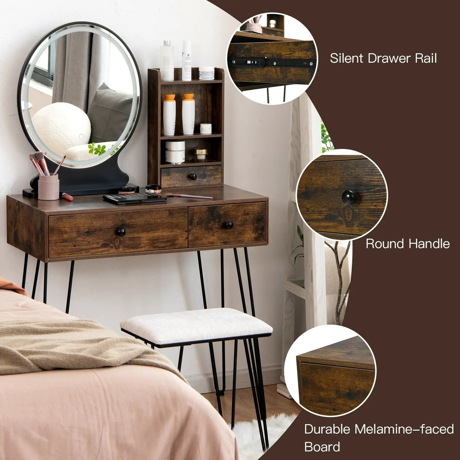 Vanity Table Set with Lighted Mirror and Cushion Stool-Brown by DirectDeals