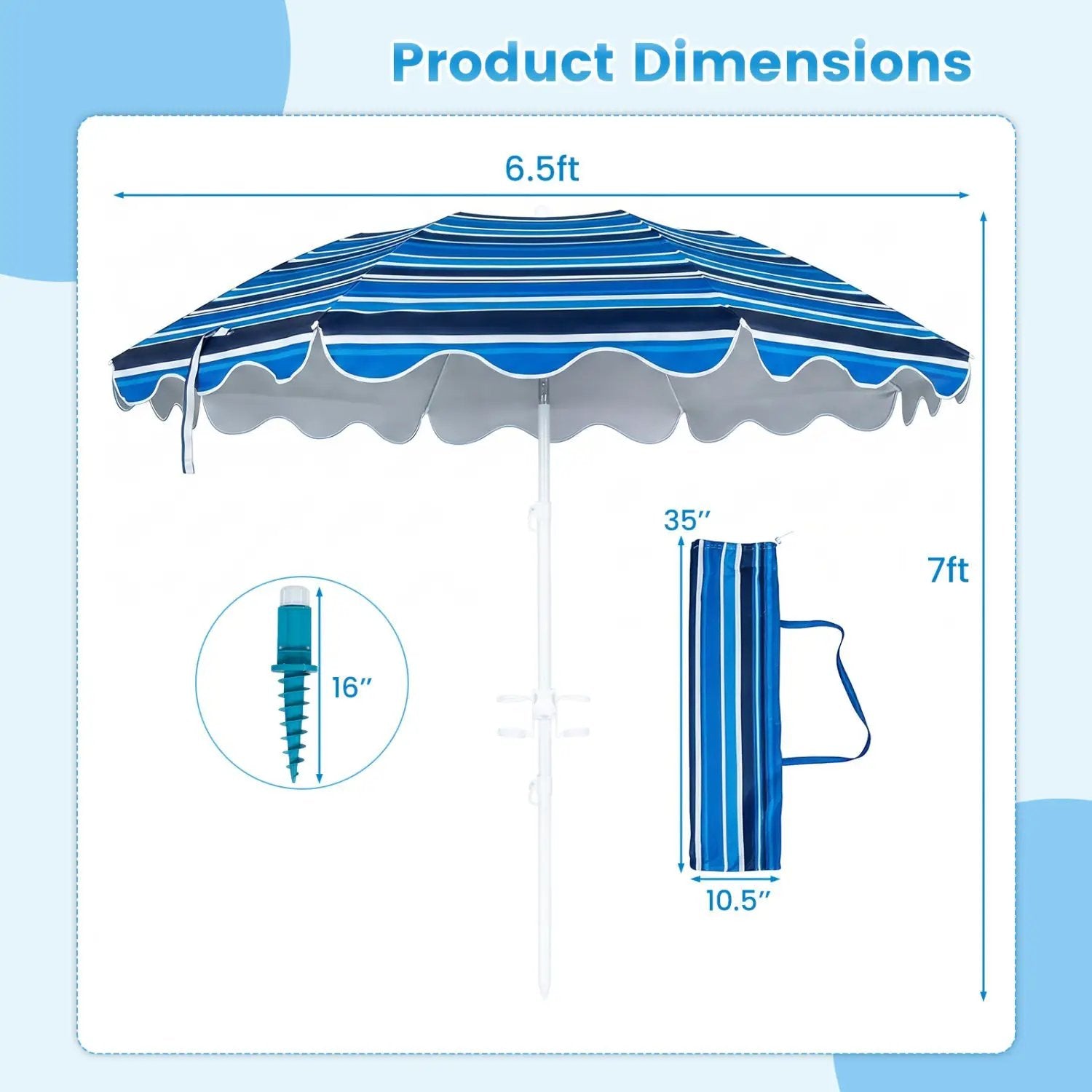 Beach Umbrella 6.5 FT with UPF 50+ Sun Protection & Sand Anchor by DirectDeals