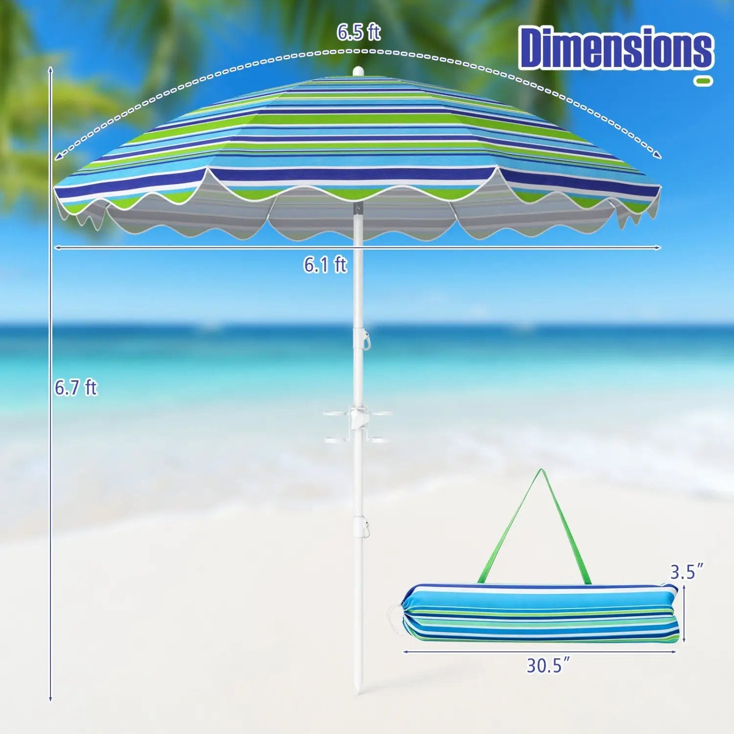 Beach Umbrella 6.5 FT with UPF 50+ and Sand Anchor by DirectDeals