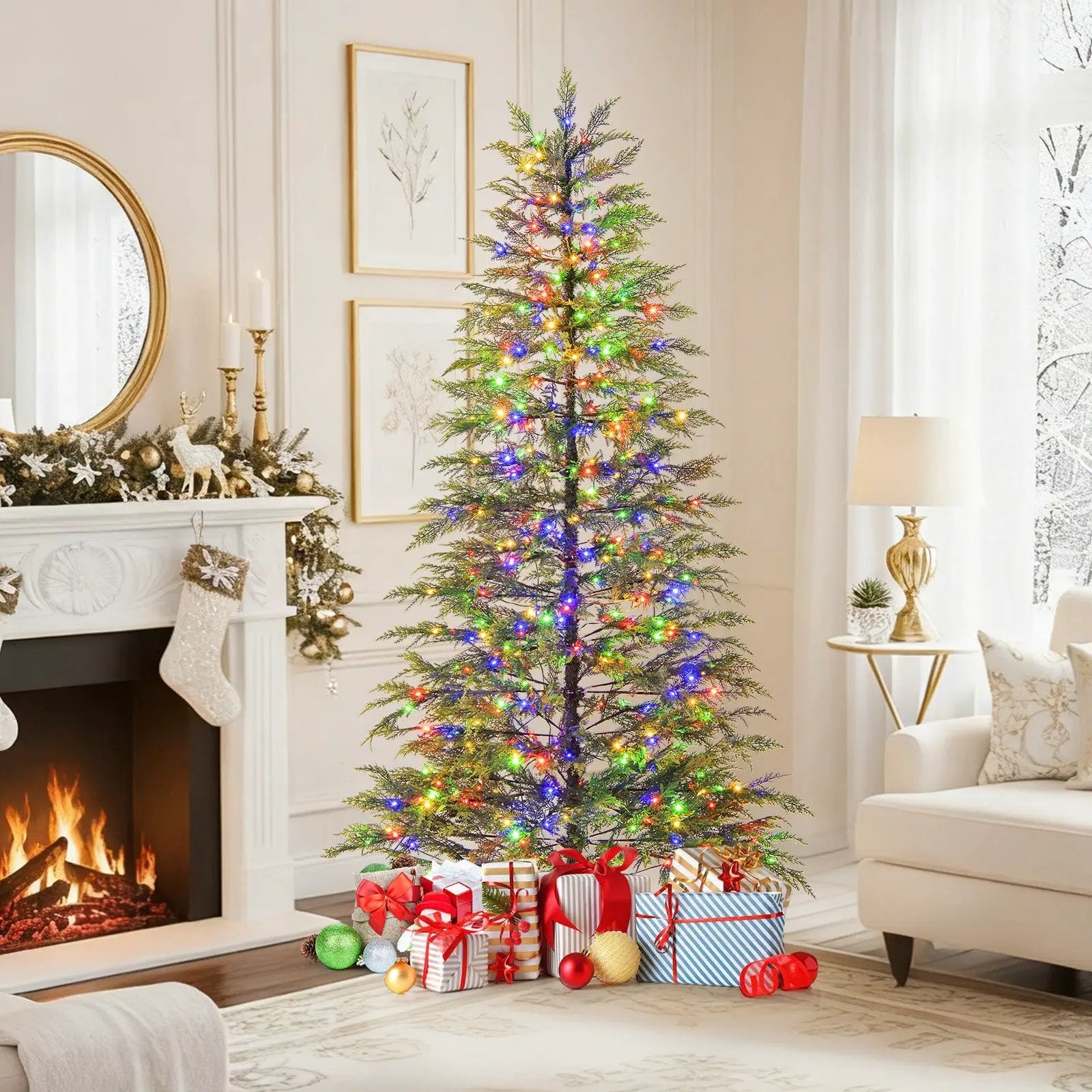 7.5 Feet Artificial Christmas Tree with Branch Tips and Colorful LED Lights by DirectDeals