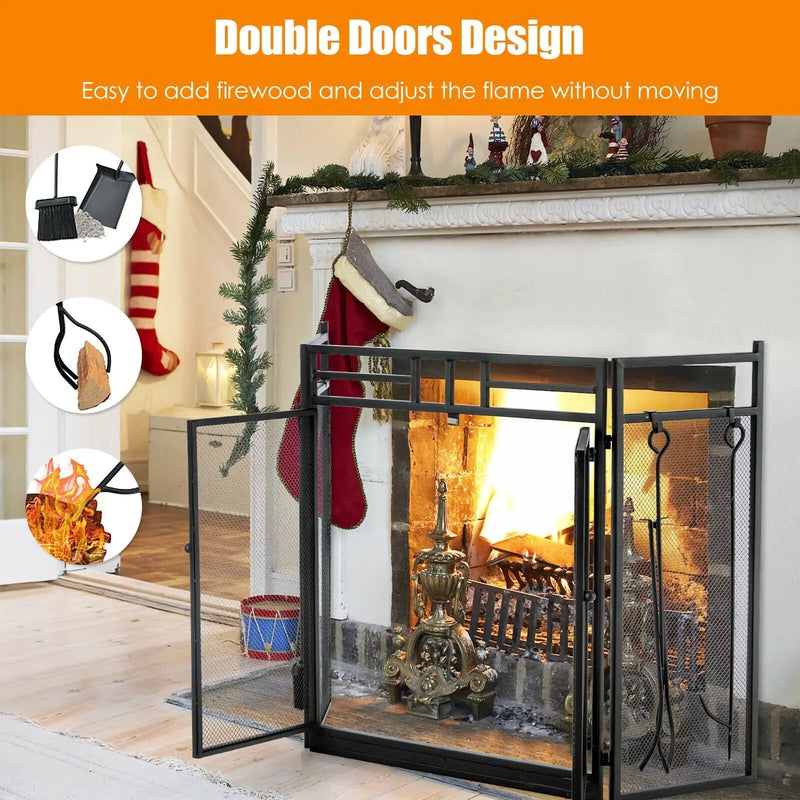 3-Panel Folding Wrought Iron Fireplace Screen with Doors and 4 Pieces Tools Set-Black by DirectDeals