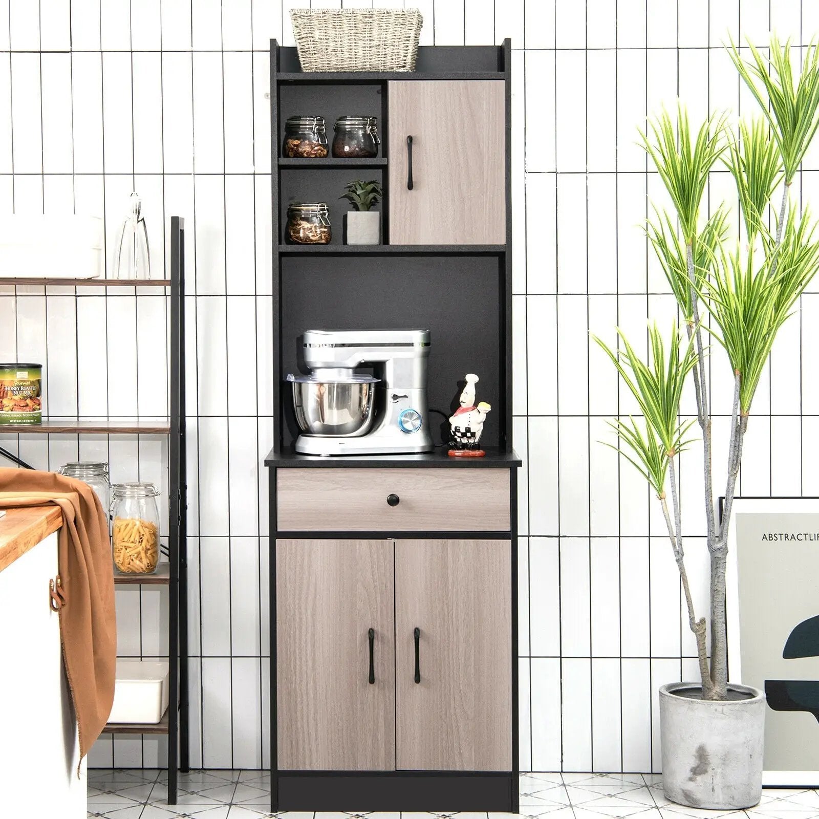 3-Door 71 Inch Kitchen Buffet Pantry Storage Cabinet with Hutch and Adjustable Shelf by DirectDeals