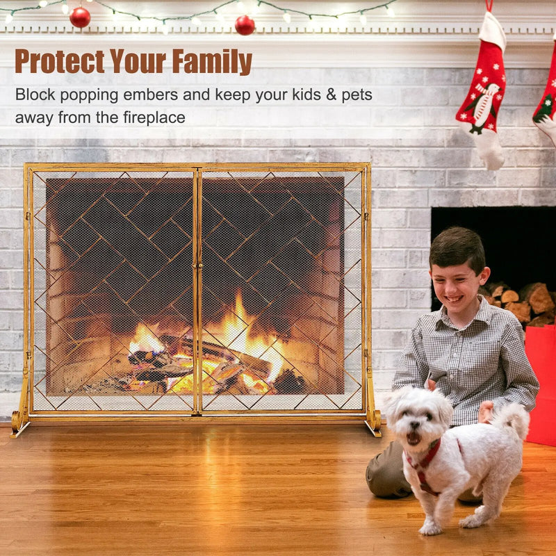 2-Panel Fireplace Screen Folding Metal Fire Place Safety Fence with Magnetic Doors by DirectDeals